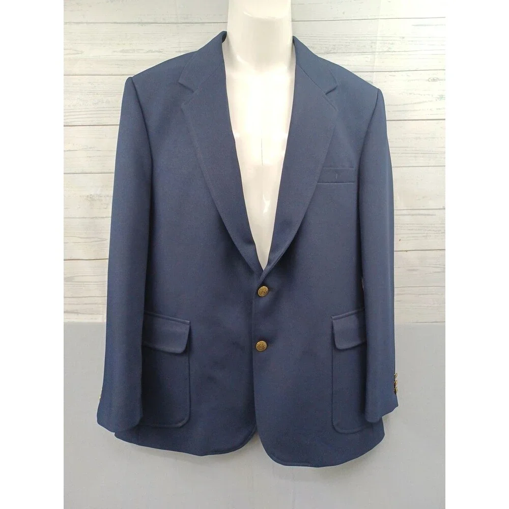Vtg Haggar Mens Blazer Jacket Sz 42 Washable Blue 2 Gold Buttons